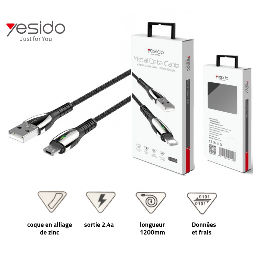 câble micro data en métal avec lumières led YESIDO CA43