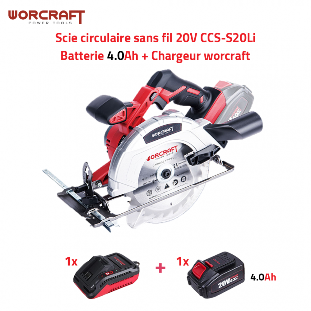 Pack Scie circulaire 20V +batterie 4.0Ah + chargeur rapide WORCRAFT CCS-S20Li