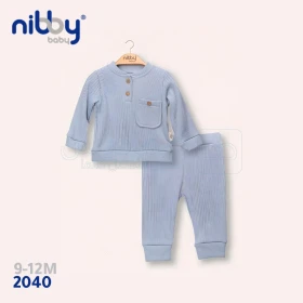  Ensemble de vêtements pour bébé garçon 9-12 mois, t-shirt bébé à manches longues avec pantalon en coton couleur bleu ciel  NIBBY BABY 2040