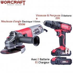 مثقاب ومفك براغي كهربائي ببطارية 20 فولط CD-20LiP +آلة القطع الاحترافية WORCRAFT AG08-115s 850W