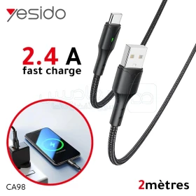  Câble de recharge pour smartphone fast charge USB Type-C 2 mètres 2.4A YESIDO CA98