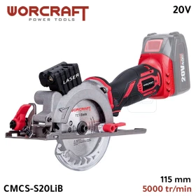 Scie Circulaire Sans Fil Brushless Moteur 20V, 5000 tr/min, Lame 115 mm, Profondeur de Coupe 42.8 mm, Guide Laser, Sans Batterie WORCRAFT CMCS-S20LiB