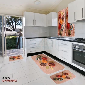  Ensemble tapis de cuisine 4 pieces, tapis polymères de sol ultra doux, absorbant l'eau antidérapant avec rideau de fenêtre DP1087942