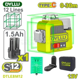 Niveau laser 12V, portée 30 mètres, auto-nivellement ≤4°, avec batterie 1,5 Ah port TC, support magnétique, plaque cible et sac en toile DYLLU DTLE8M12