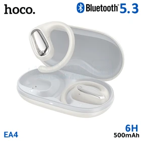 Écouteurs sans fil Bluetooth 5.3 avec étui de chargement Blanc, capacité de batterie 500mAh, autonomie de 6 heures, écouteurs ouverts, support Siri HOCO EA4