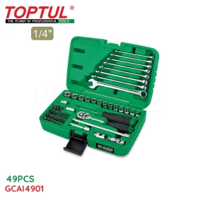 Jeu De Douille Professionnel 49 Pcs 1/4" 6 Pans Avec Bras Cliquet Réversible Dans Une Boite Vert TOPTUL GCAI4901