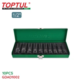  Jeu De Douille Choc Professionnel 10 Pcs 1/2" 6 Pans Longue 10-24mm Dans Une Boite Vert Metalique TOPTUL GDAD1002