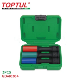  Jeu De Douille A Choc Alliage 3pcs 1/2" 6 Pans Extra Longue 17-19-21mm Une Boite Vert TOPTUL GDAI0304