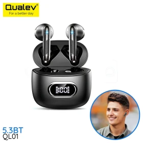  Écouteurs sans fil, écouteurs Bluetooth 5.3 Deep Bass Bluetooth avec 4 micros, écouteurs Bluetooth dans les écouteurs sans fil à suppression de bruit, IP7 étanche, écran LED QUALEV QL01-N