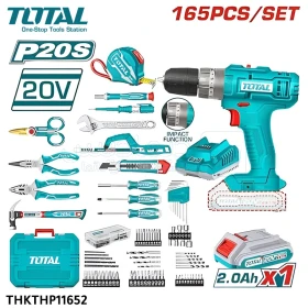 Kit d’outils 165PCS, Perceuse-visseuse sans fil 20V, Batterie 2.0Ah, Chargeur rapide, Mallette de transport TOTAL THKTHP11652