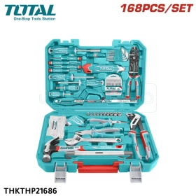 Coffret d’outils 168 pièces comprenant tournevis, pinces, clés, mètre ruban, scie, couteau, niveau à bulle, vis, chevilles, mallette de transport et plus, de TOTAL THKTHP21686